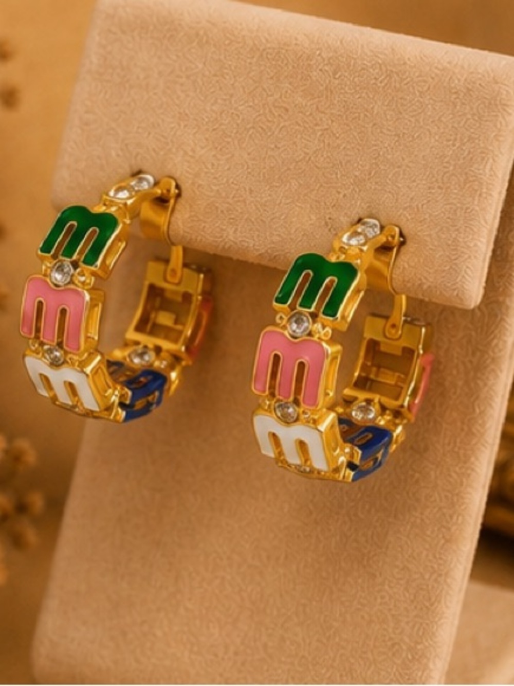 Designer Inspired Colorful Enamel Letter Hoop Earrings Gold Rhinestone Statement